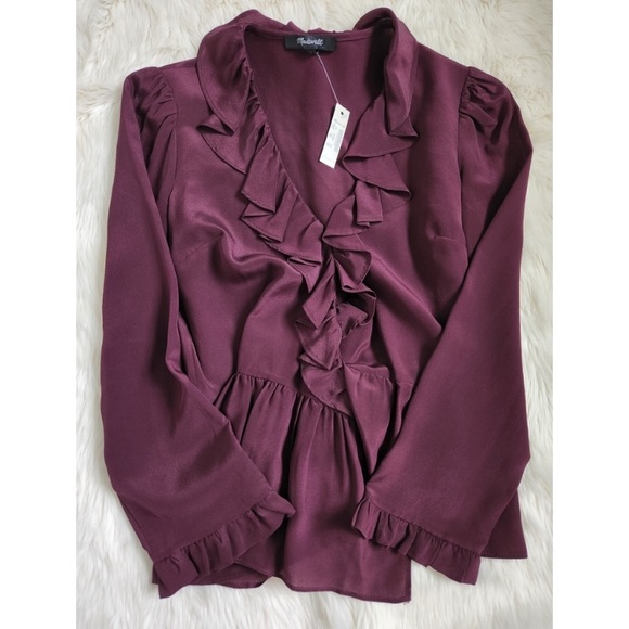 Madewell Burgundy/Maroon Silk Ruffle-Hem Wrap Top - Picture 2 of 5